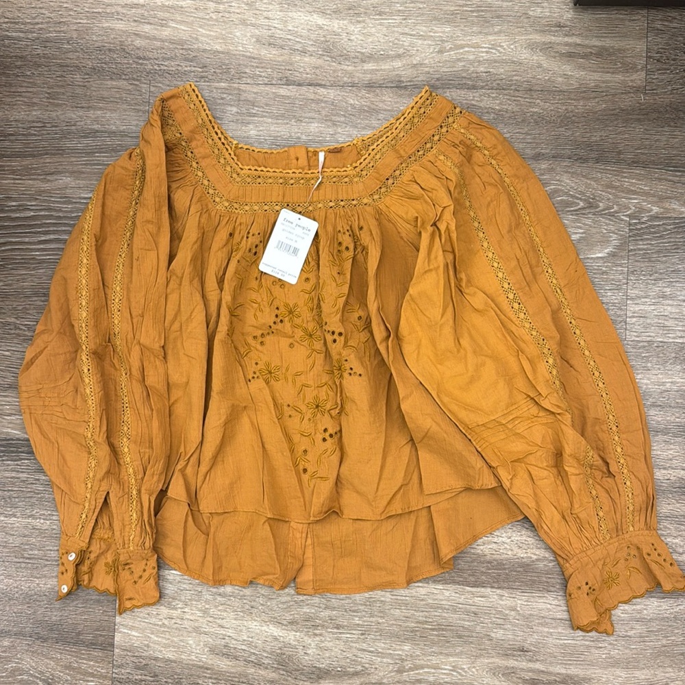 Free People Mustard embroidered top